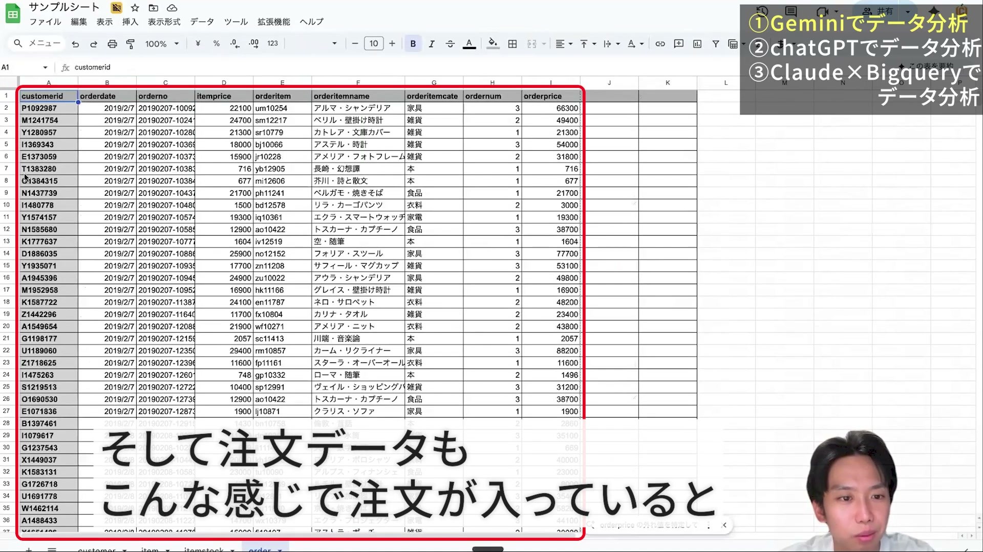 架空のEC注文データ。日付・商品・数量・金額の列を確認する画面