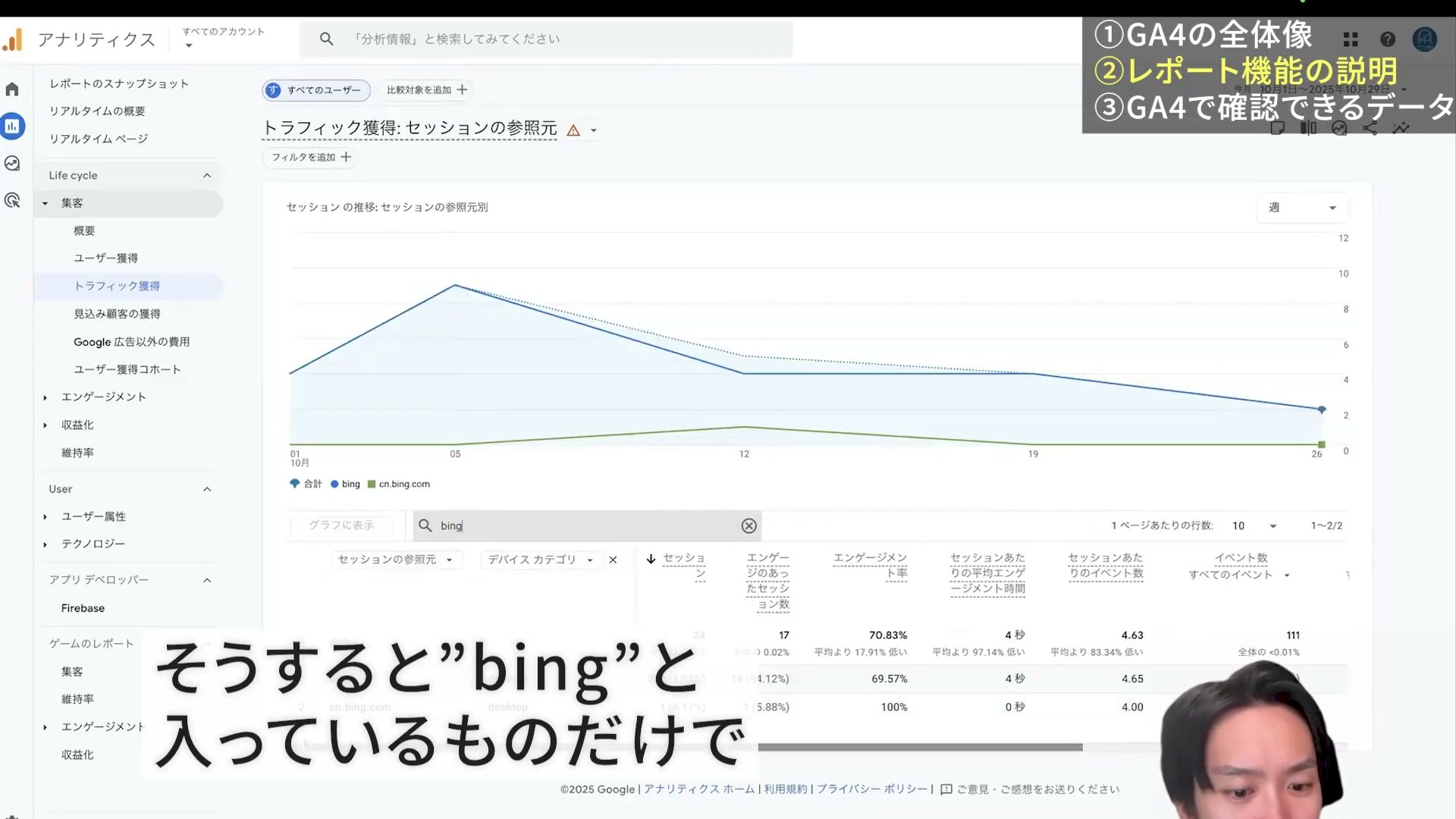 GA4の表をbingという文字で検索し、該当行に絞り込んだ画面