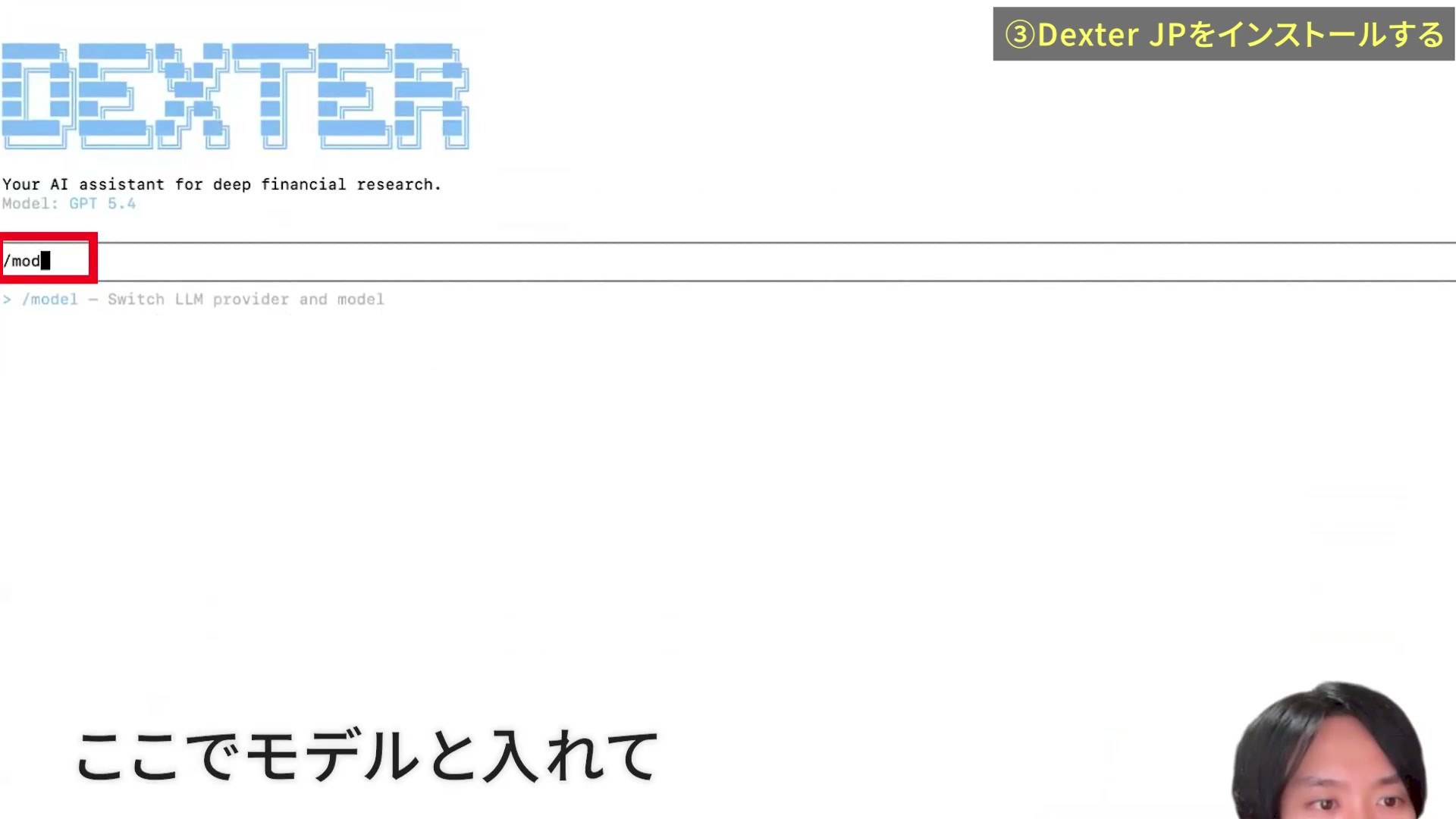 Dexter JPの入力欄で/modelコマンドを入力する画面