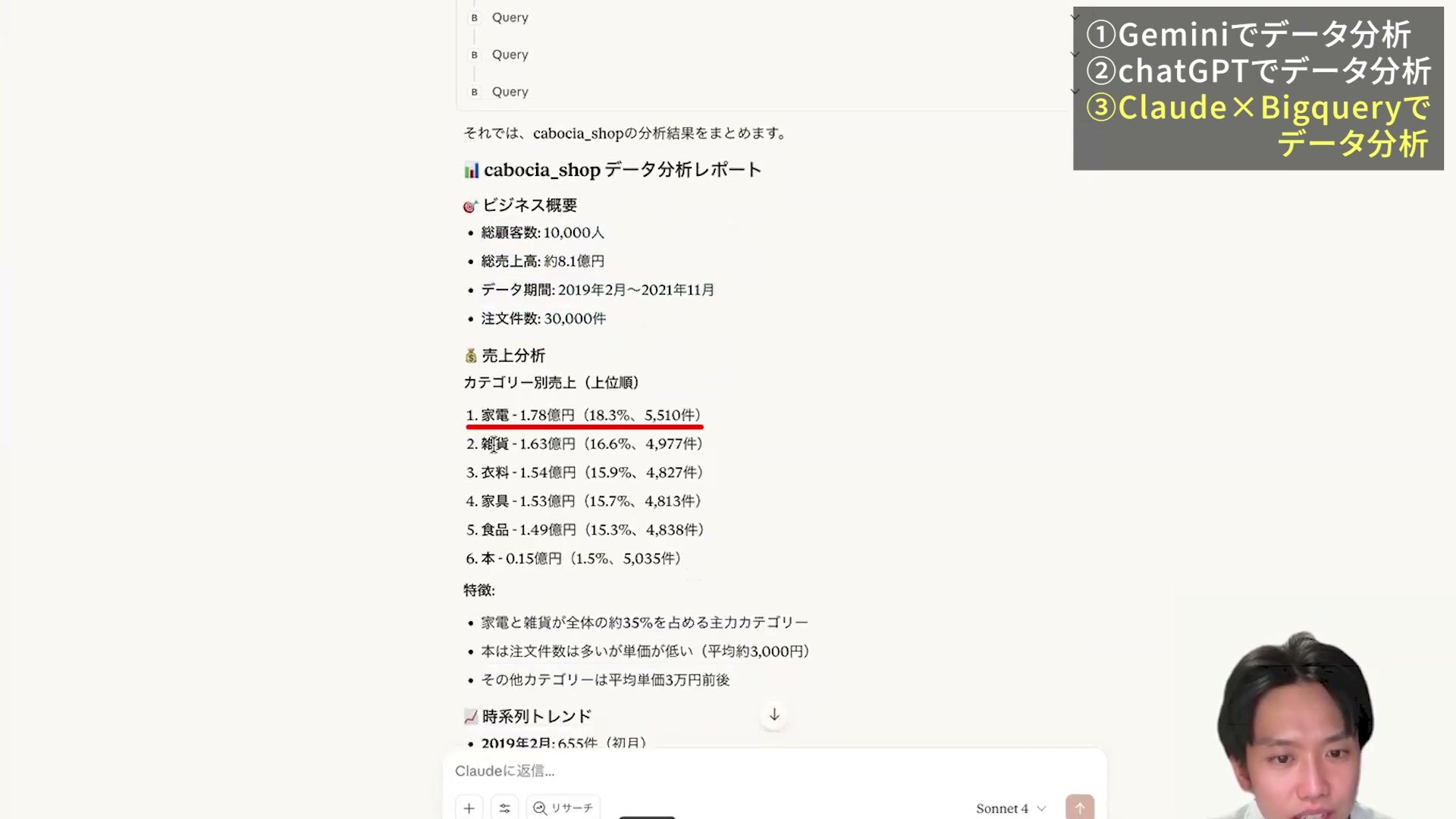 Claudeが顧客数・売上・期間・カテゴリ別集計を返した画面