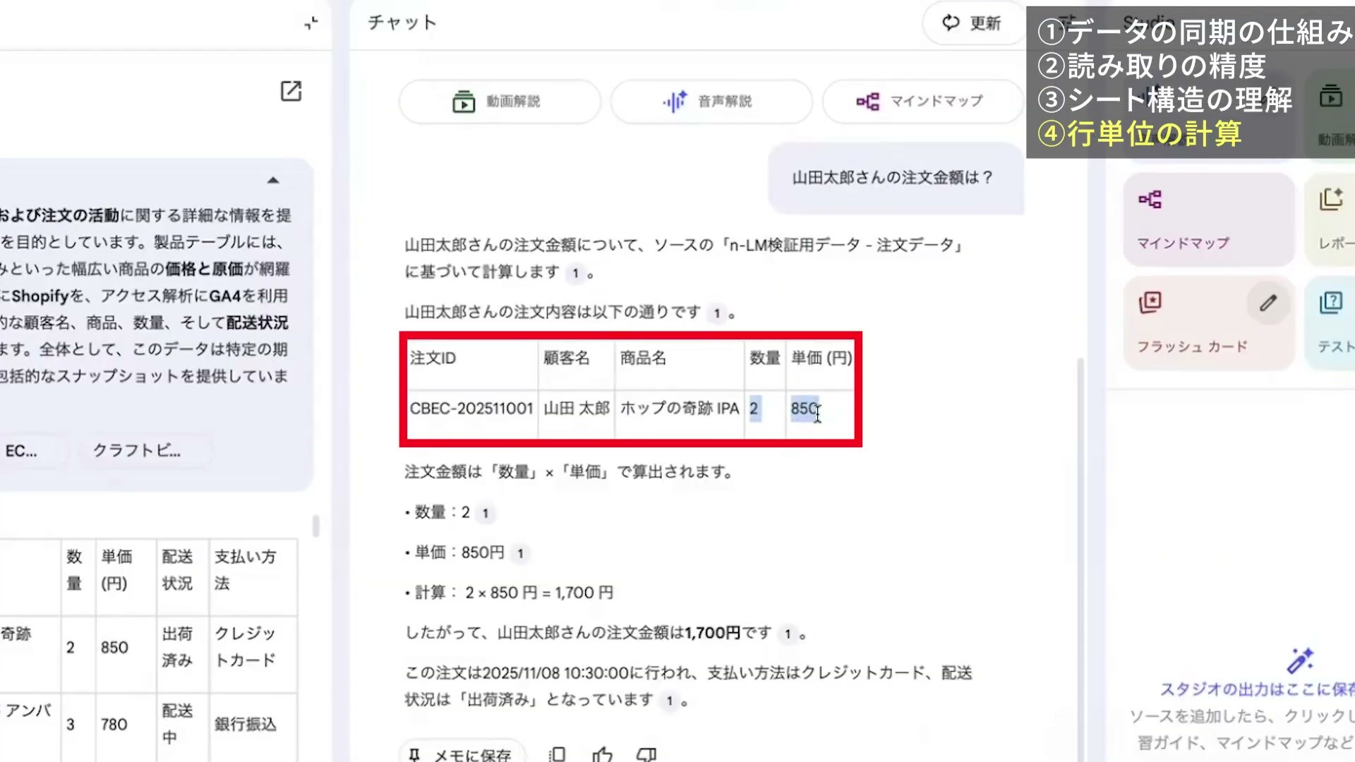 数量2と単価850円から注文金額1700円を回答した画面