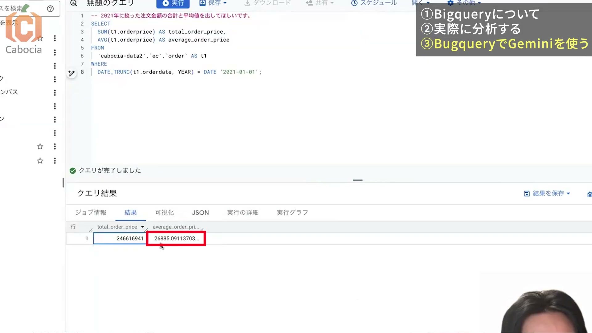 2021年の注文金額の合計246616941と平均26885.09113703が表示された画面