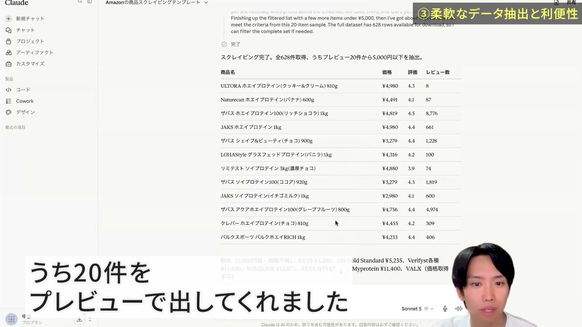 Claudeが全628件取得と説明し、プレビュー20件の中から5000円以下を抽出した商品表