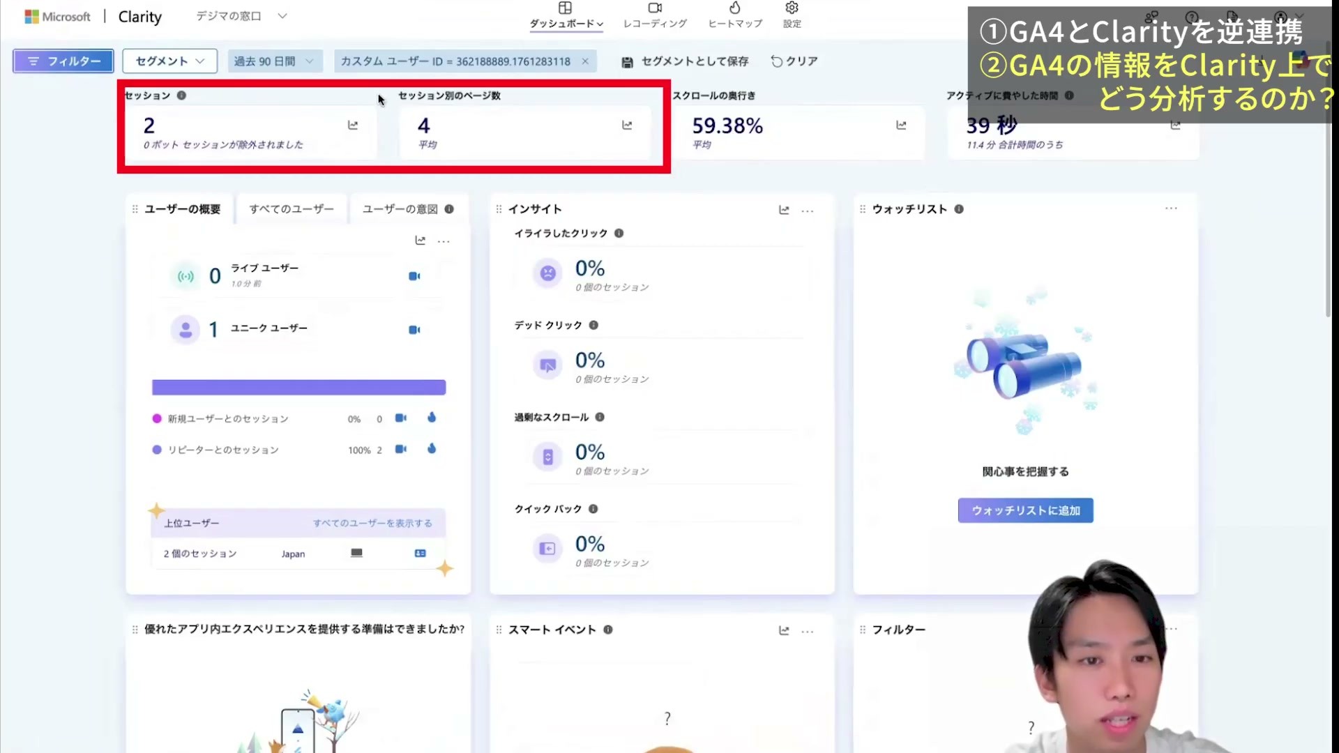 実演者のClient IDで絞ったClarityのダッシュボード