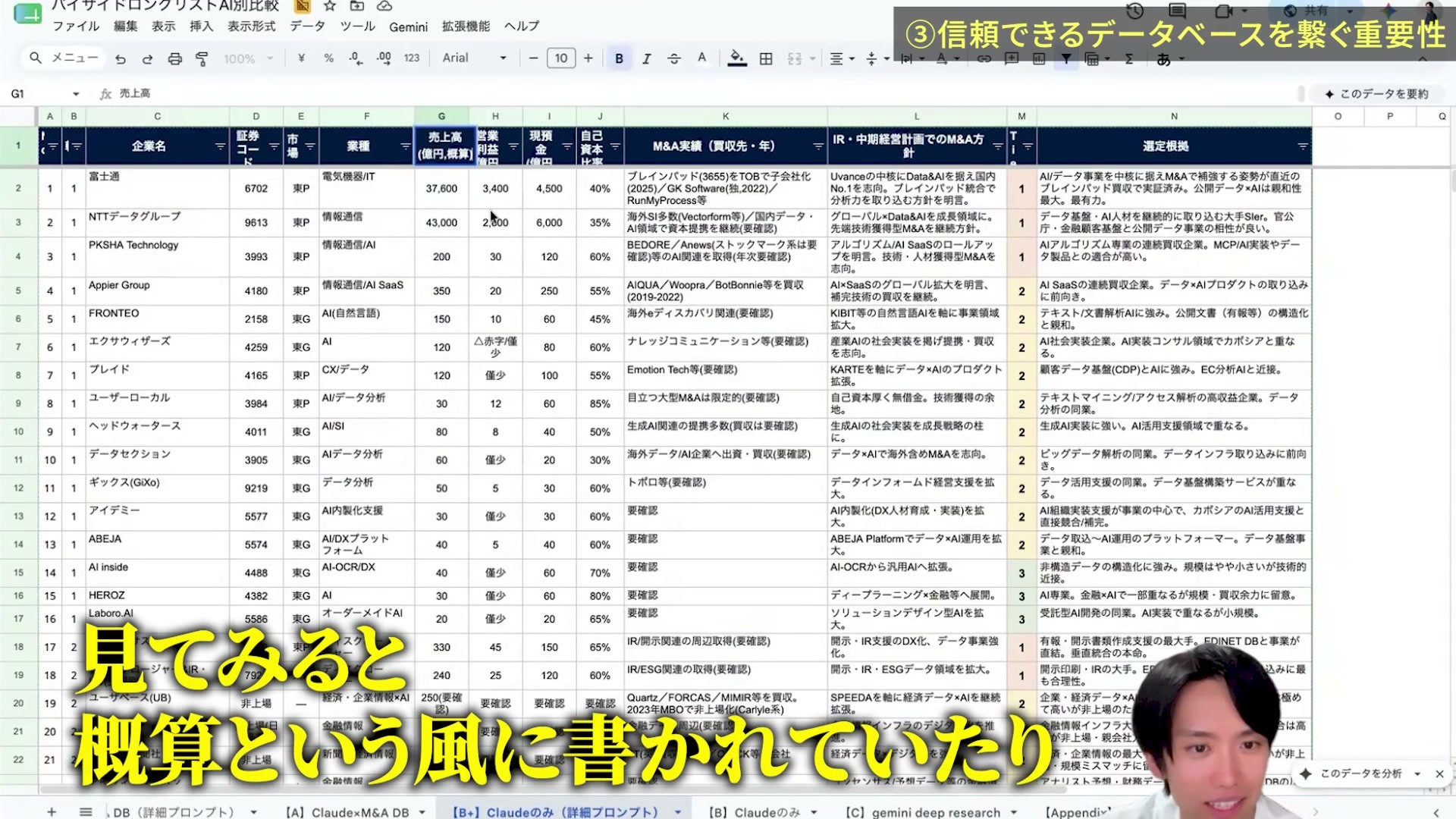 DB未接続で出した候補表に、概算と書かれた財務項目が並ぶ画面