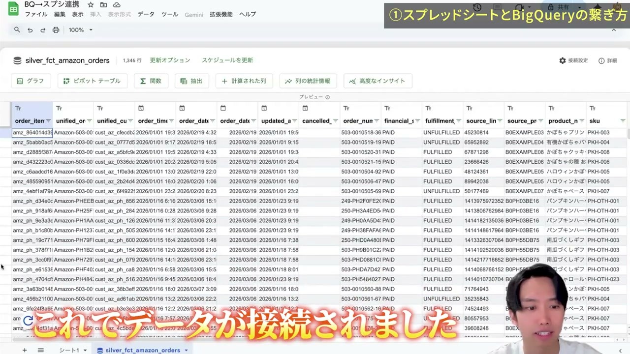 接続完了後のデータプレビューと分析メニュー