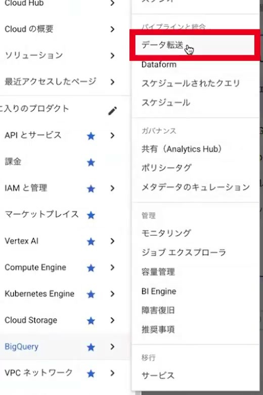 BigQueryのメニューから「データ転送」を開く画面
