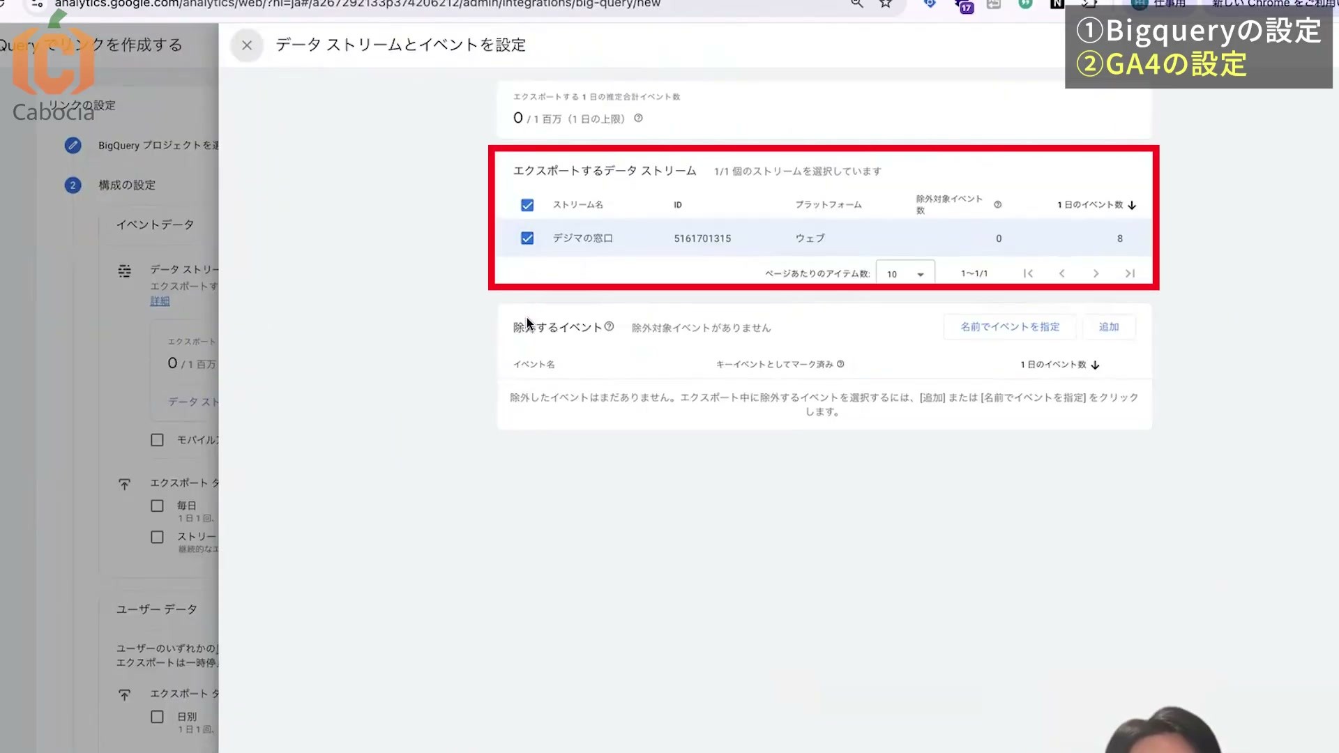エクスポートするデータストリームと除外イベントの設定