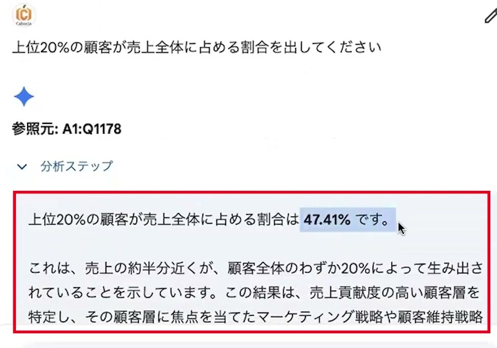 売上上位20パーセントの顧客による構成比を47.41パーセントと回答した画面