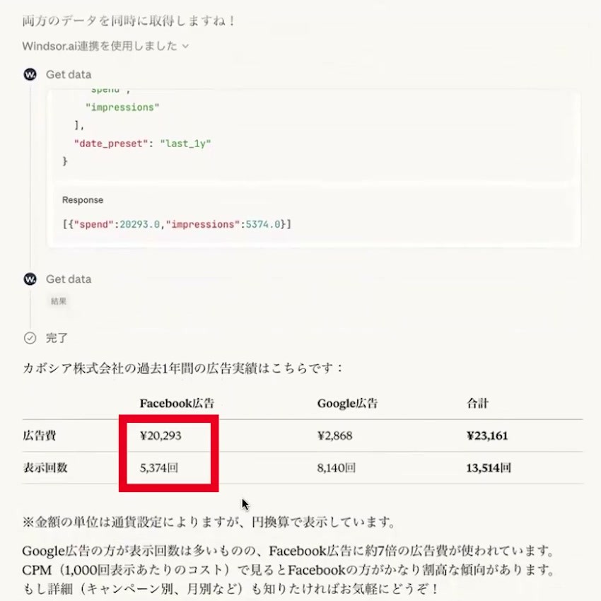 Windsor MCP経由で取得したFacebook広告とGoogle広告の広告費・表示回数