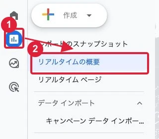 左側の「レポート」から「リアルタイムの概要」を開きます。