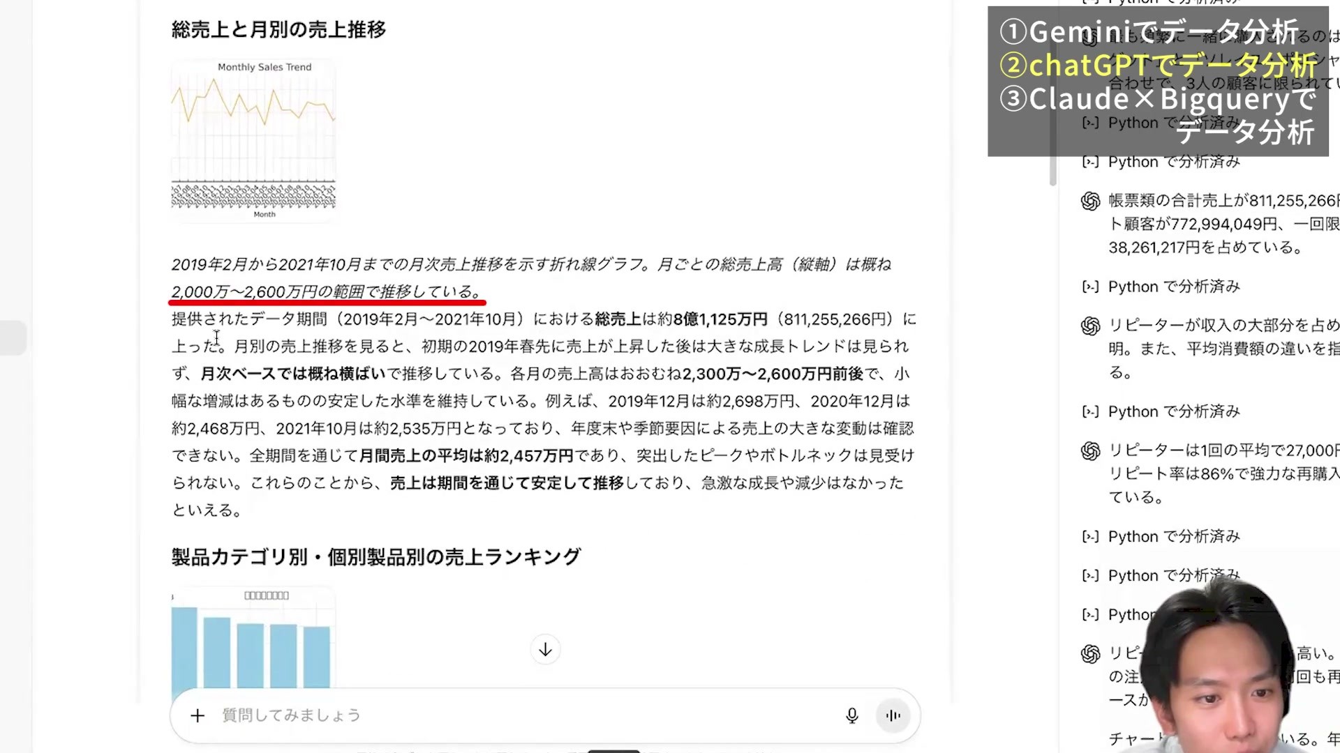 ChatGPTが総売上と月別売上推移をレポートで回答した画面