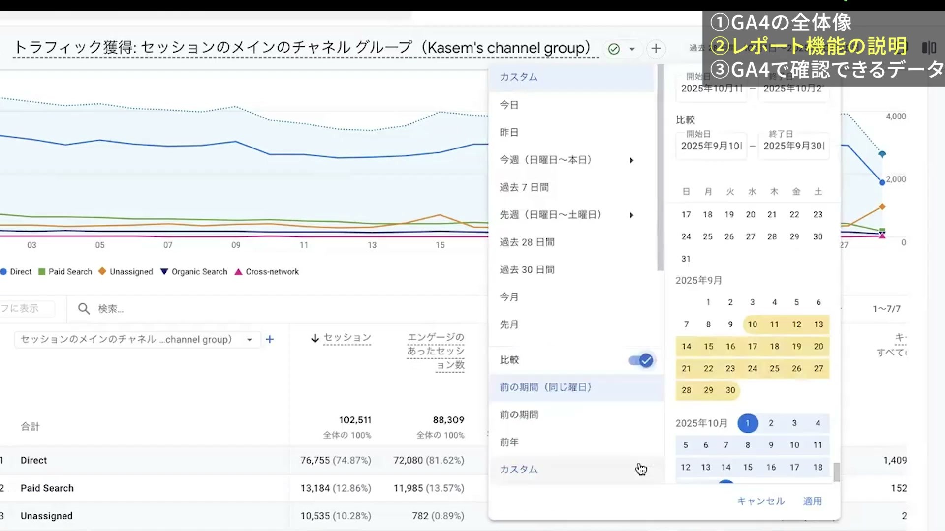 GA4の日付設定で比較をオンにし、前の期間を選択している画面