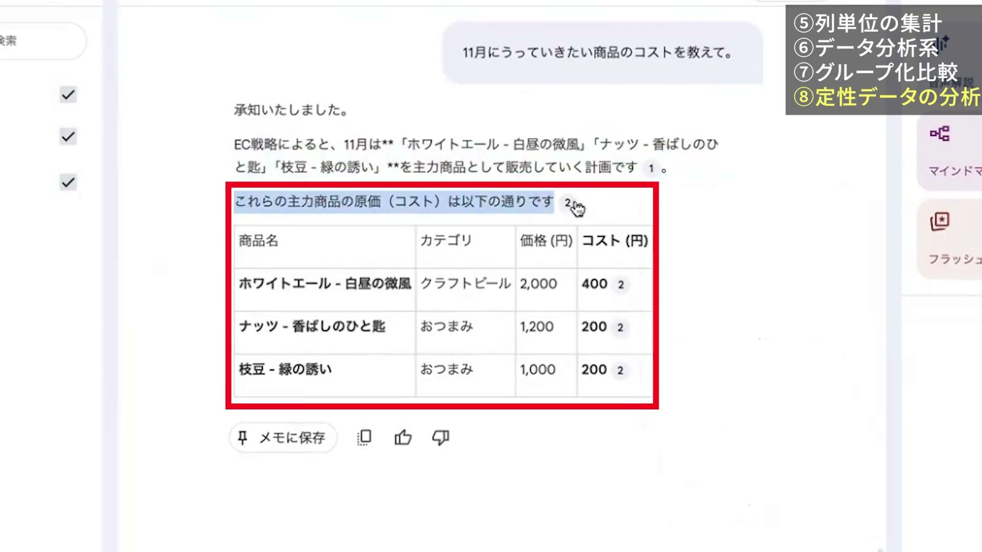 販売方針の文書と商品表を参照して主力3商品の価格と原価を示した回答